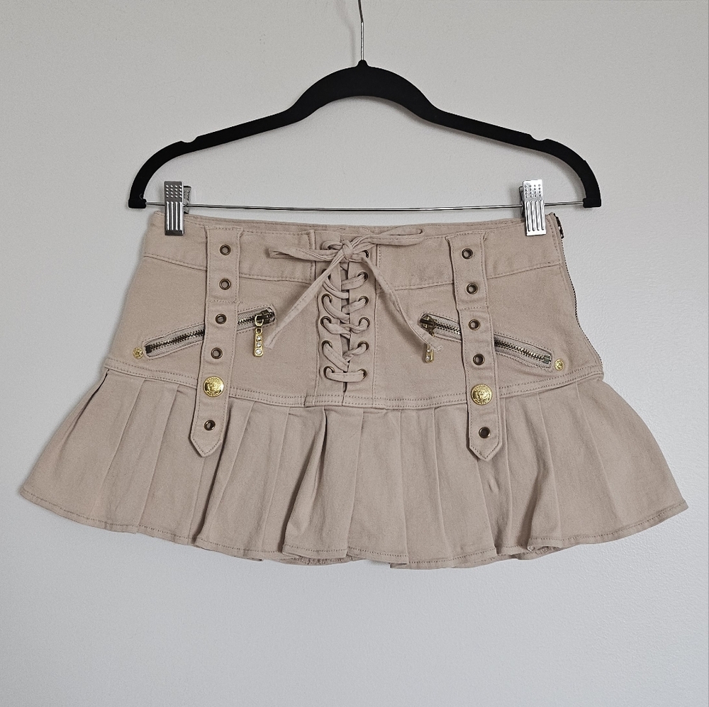 Cecil Mcbee Gyaru Y2k Pleated Mini Skirt With Lace Front And Gold Studs